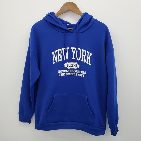 SHEIN Tops - SHEIN New York Graphic Thermal Hoodie Sweatshirt Size XL Blue Kangaroo Pocket